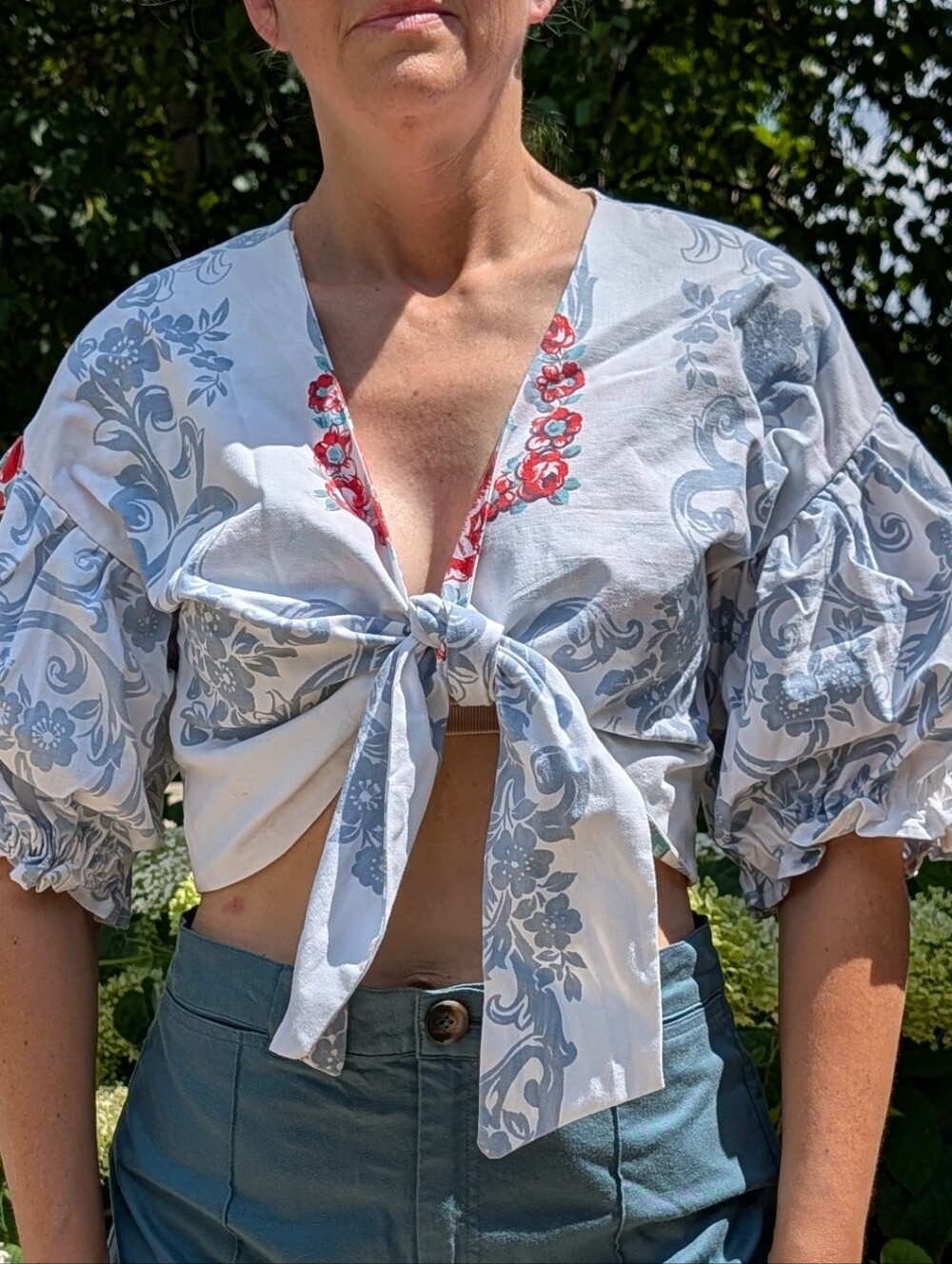 ooak BLOUSE MADE FROM A TABLECLOTH cropped tie front M L